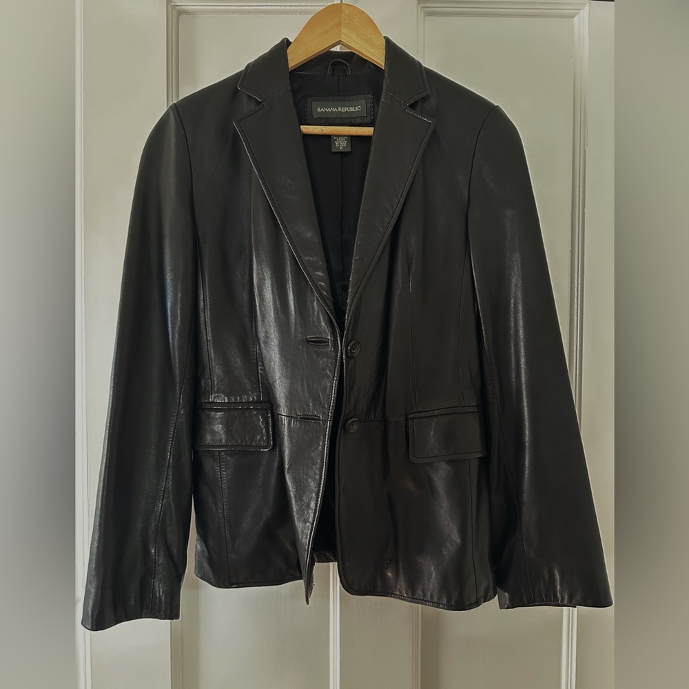 Banana Republic Black Genuine Leather Blazer Jacket